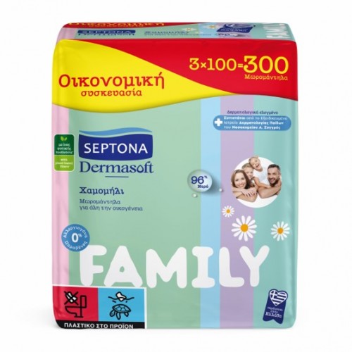 Μωρομάντηλο Septona Dermasoft Χαμομήλι 2+1 Δώρο (3x100τεμ.) Σειρά Family