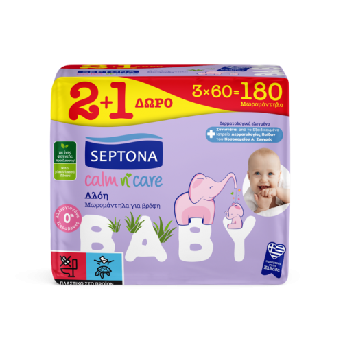 Μωρομάντηλο Septona Calm N' Care Αλόη 2+1 Δώρο (3x60τεμ.) Σειρά Baby