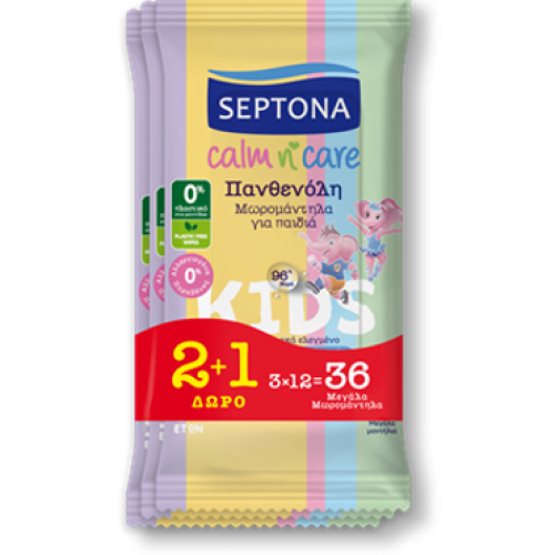 Μωρομάντηλο Septona Calm N' Care Πανθενόλη 2+1 Δώρο (3x12τεμ.) Σειρά Kids